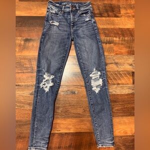 A/E jeans, ripped, skinny high rise, size: 000 S, mid/dark wash.